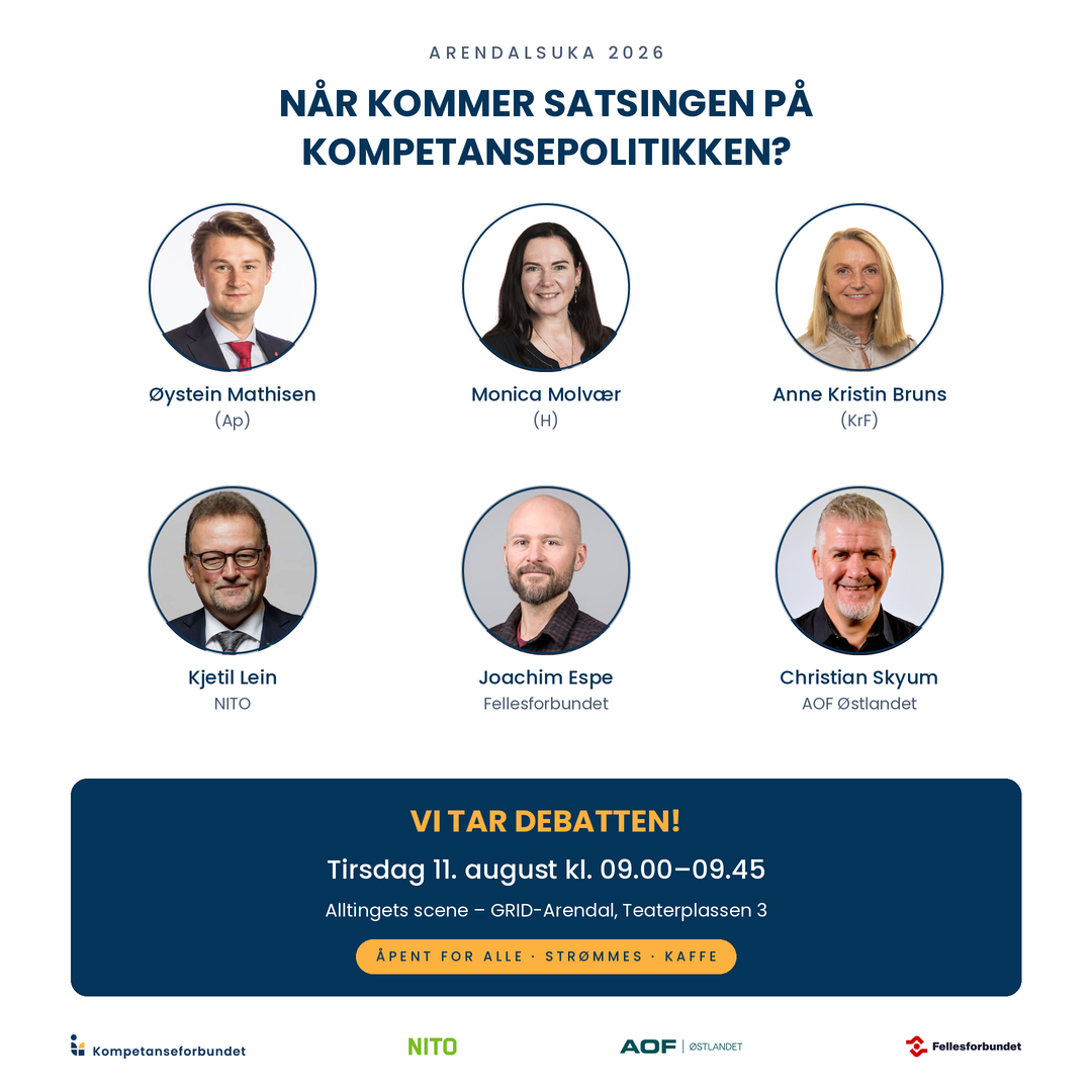 Panelet: Øystein Mathisen (Ap), Monica Molvær (H), Anne Kristin Bruns (KrF), Kjetil Lein (NITO), Joachim Espe (Fellesforbundet), Christian Skyum (AOF Østlandet).